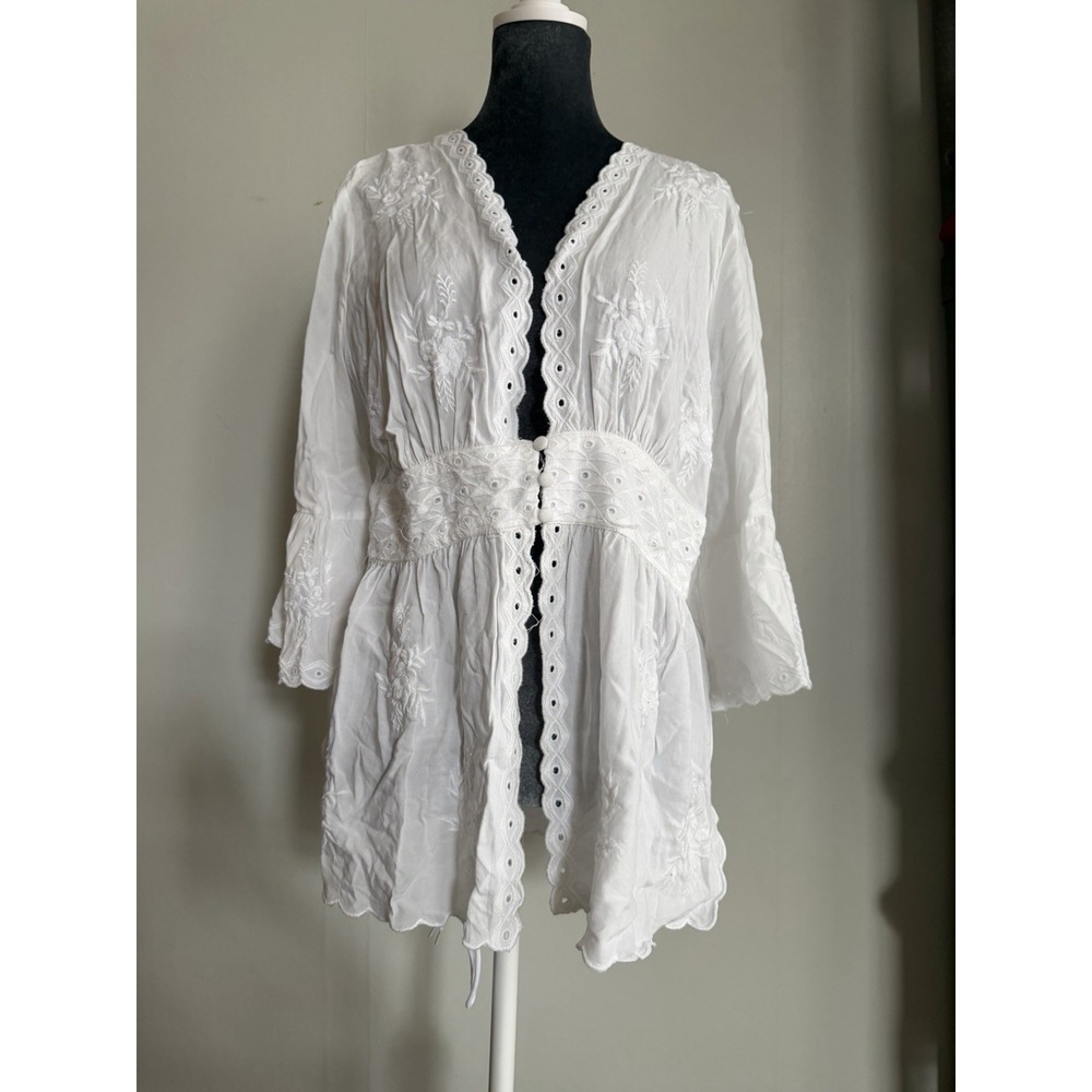 Soft Surroundings Lace Tunic Top Eylet Boho Top M Bell Sleeve Whimsical Fairy M - Picture 2 of 13